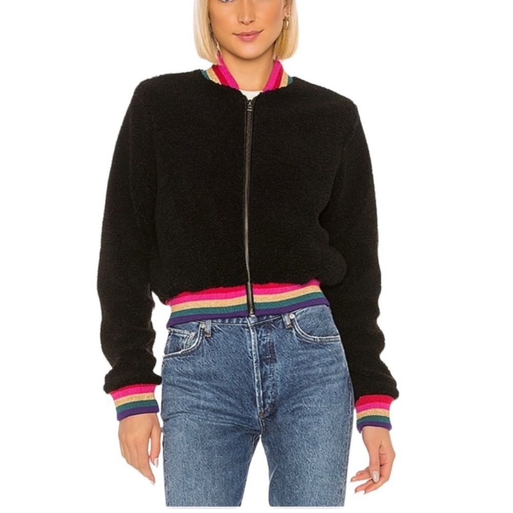 Spiritual Gangster Cropped Furry Bomber Zip Jacket Rainbow Trim Black Size Large